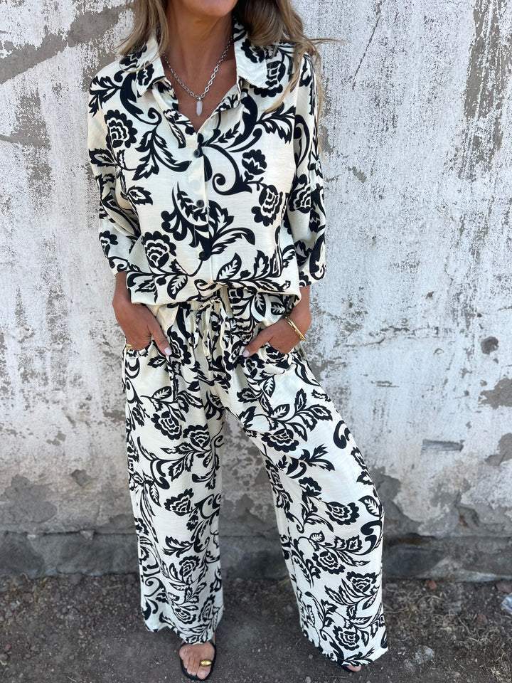 Camisa estampada para mulher com botões e calças largas (conjunto de 2)