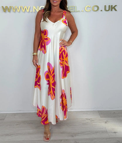 🌸Vestido comprido estampado feminino com decote em V e ombros de fora