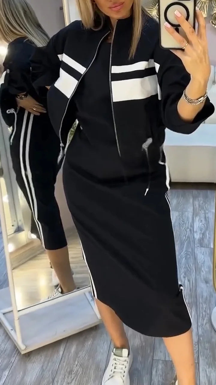 Conjunto casual de vestido e casaco para mulher com gola redonda