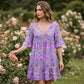 Vestido de menina com decote em V, punhos franzidos e estampado floral