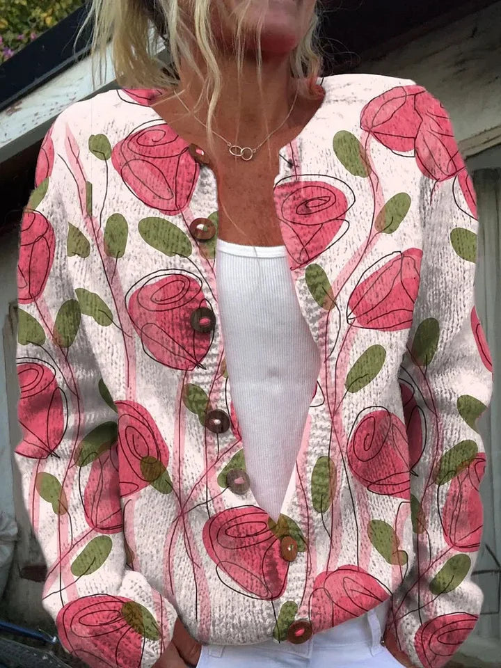 Cardigan com botões e estampado de rosas cor-de-rosa