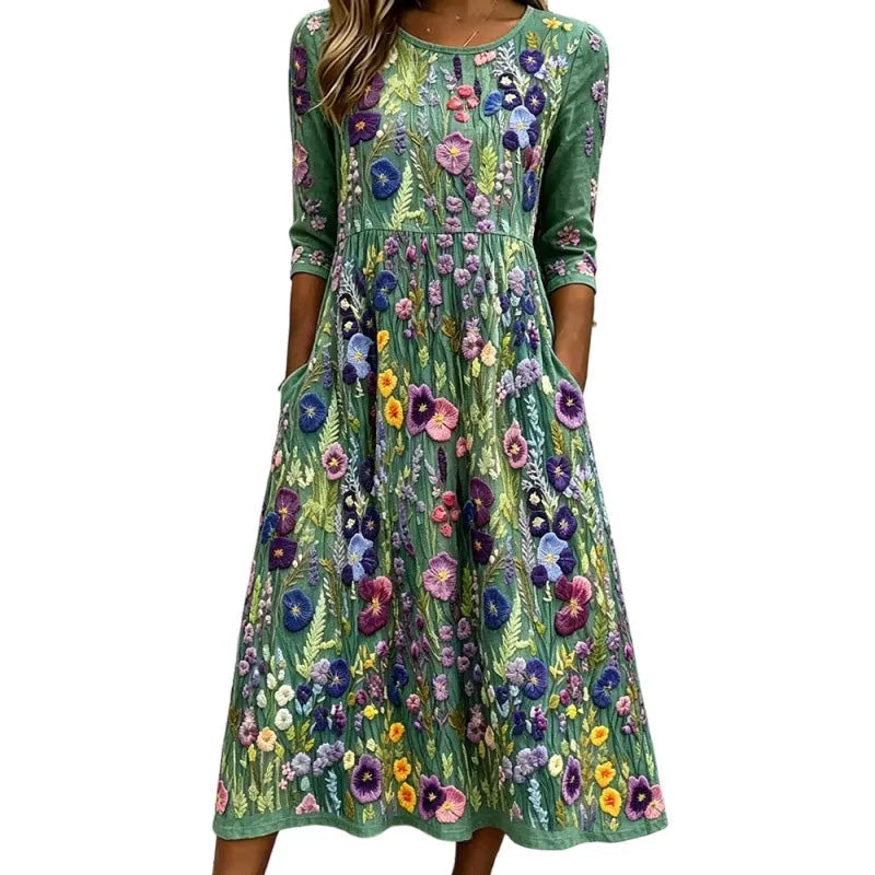 ✨🌺Vestido midi para mulher com estampado floral, mangas 3/4 e bolsos
