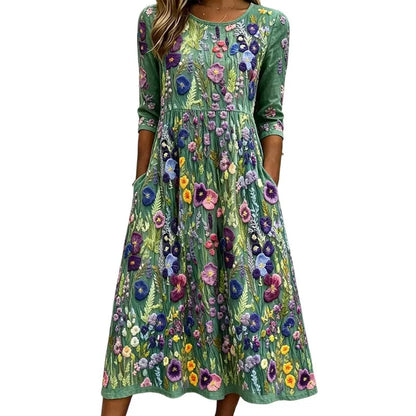 ✨🌺Vestido midi para mulher com estampado floral, mangas 3/4 e bolsos