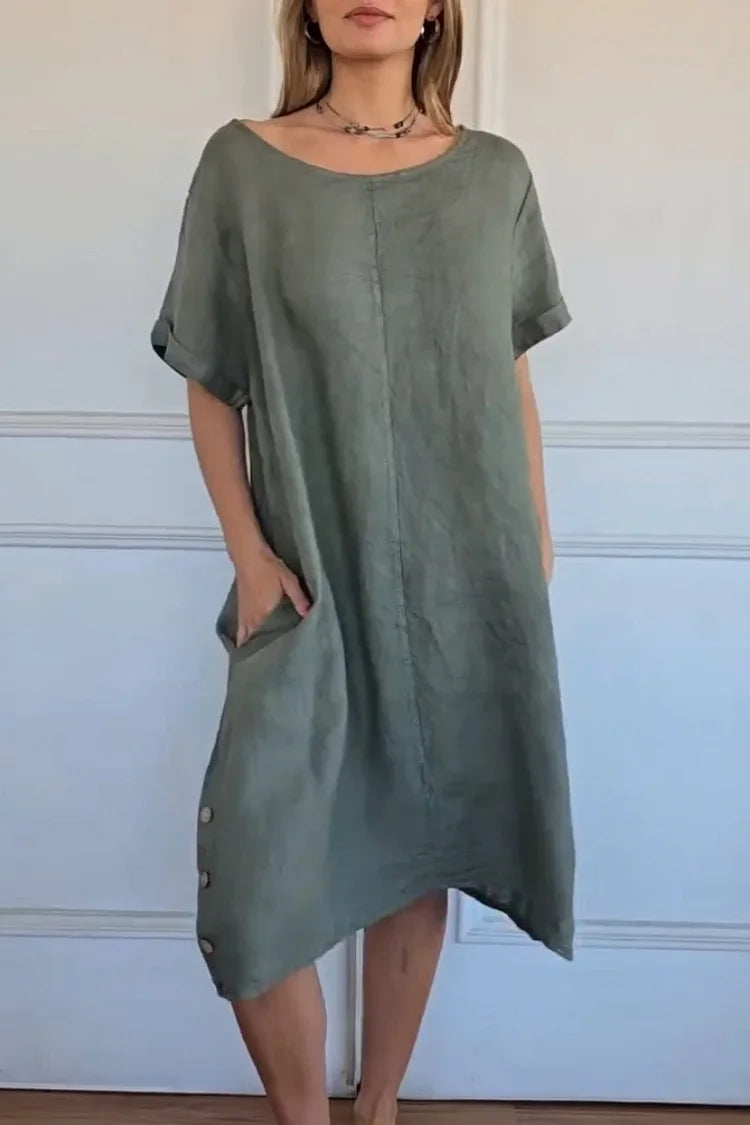 Vestido de linho de manga curta e gola redonda, modelo 2026