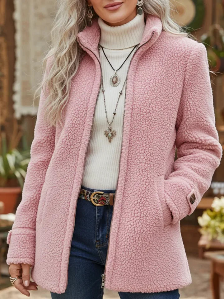 Casaco feminino casual de lã com fecho de correr