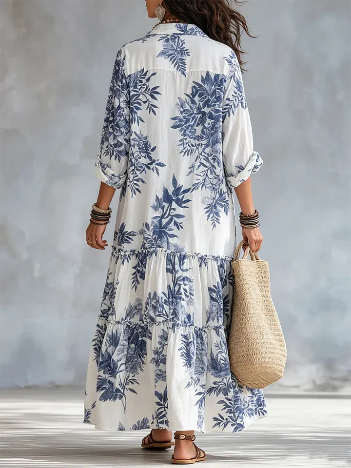 Vestido retro boho de algodão com estampado floral azul