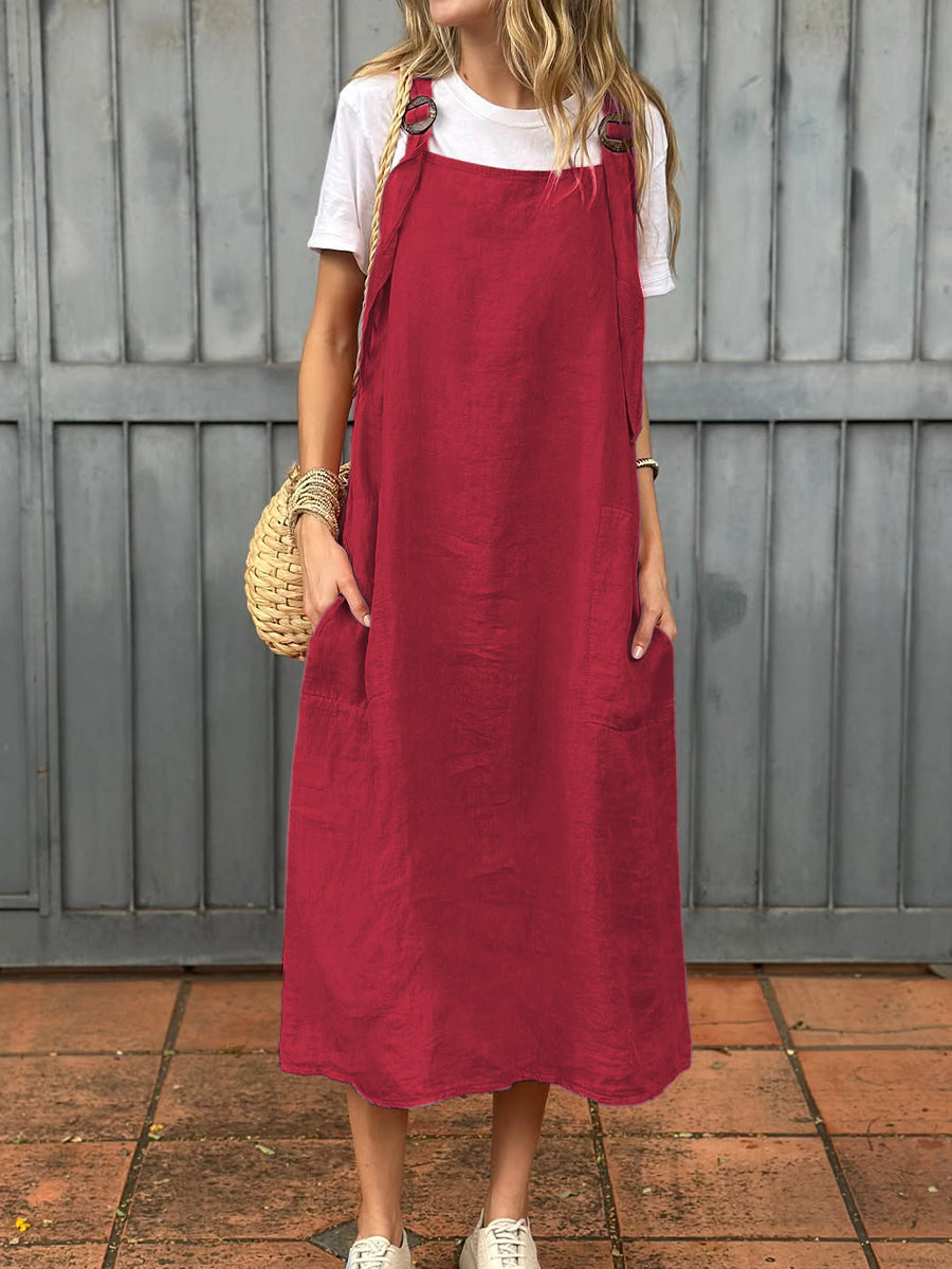 Vestido de mulher em algodão e linho com alça ajustável e bolso