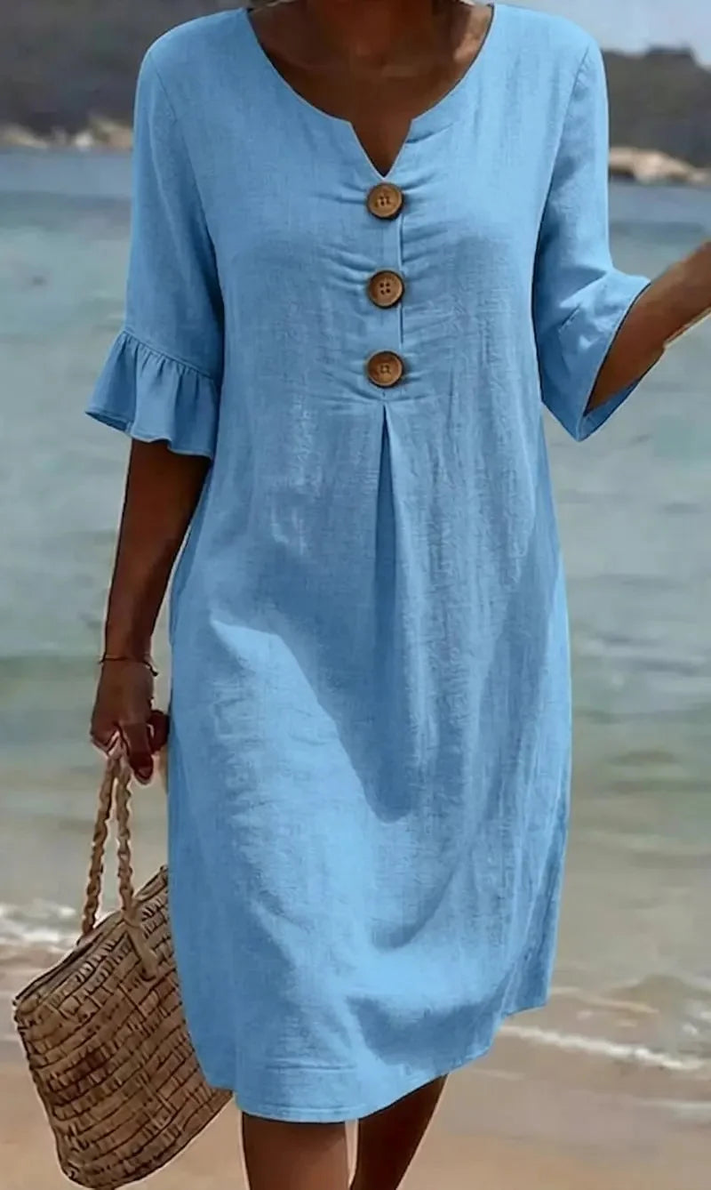 Vestido de senhora em algodão e linho, modelo 2026