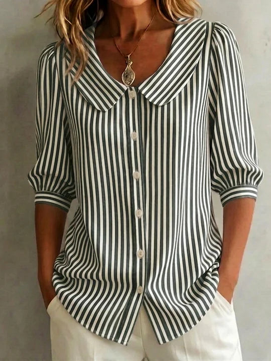 🔥 Camisa de senhora retro às riscas em algodão e linho com gola Peter Pan