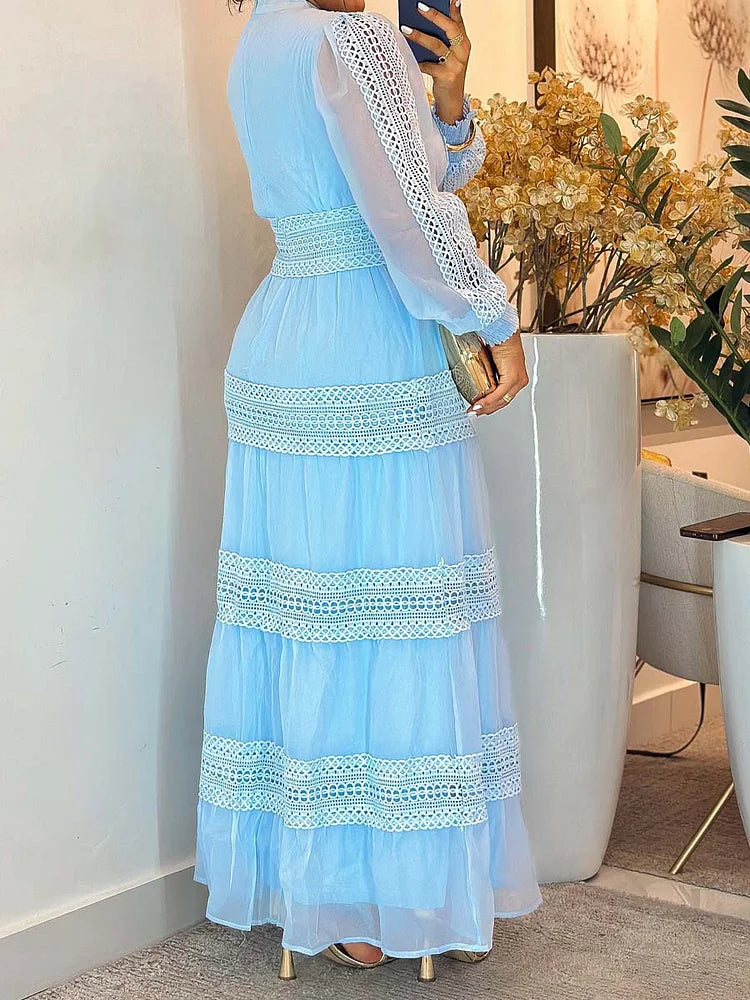 Vestido comprido elegante de renda com manga comprida
