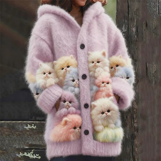 Cardigan com capuz fofo, macio e colorido com estampado de gatos