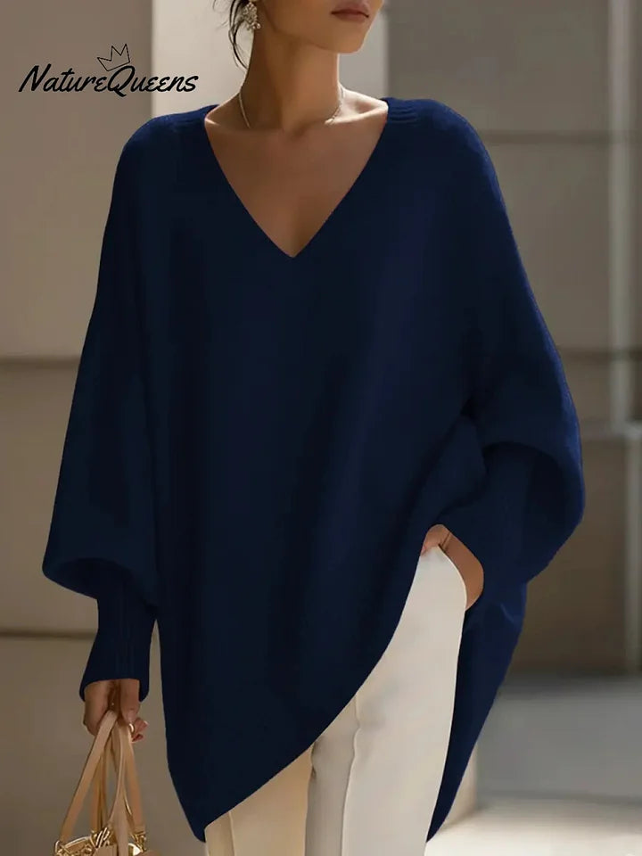 Camisola de malha de manga comprida com decote em V, cor sólida, corte casual e largo