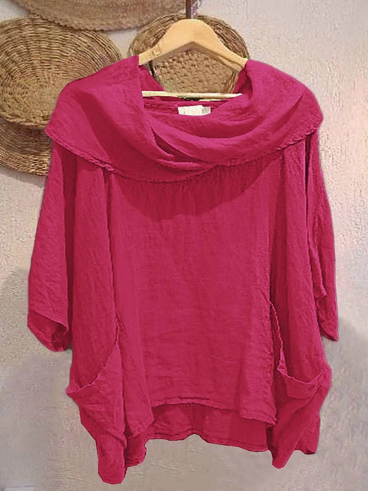 Blusa de linho para mulher, casual e confortável, com mangas a três quartos e bolso