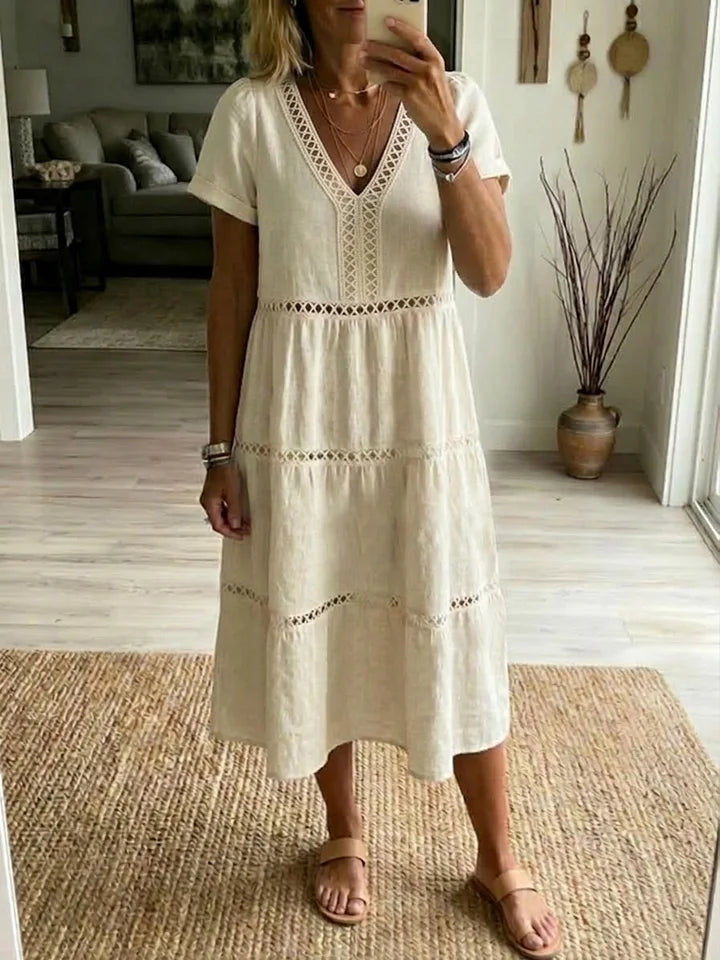 Vestido casual de retalhos em linho e algodão