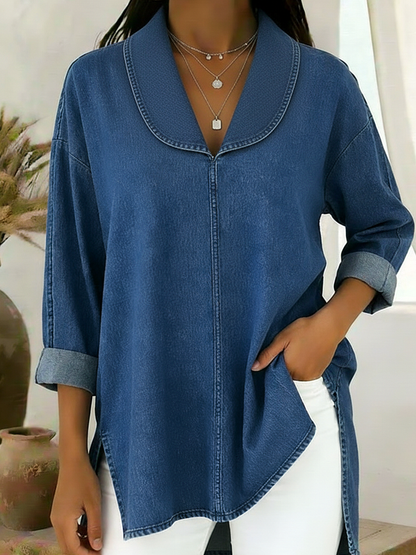 Blusa retro de algodão e jeans com gola xaile