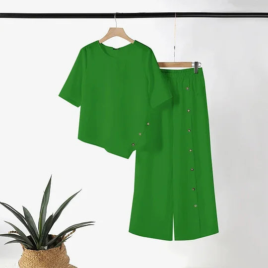 ⏰Conjunto de duas peças para mulher: blusa com bainha irregular e calças pantalona