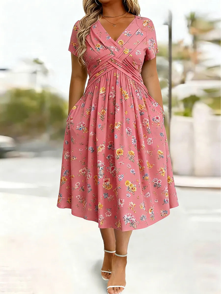 Vestido floral para mulher com decote em V e cintura