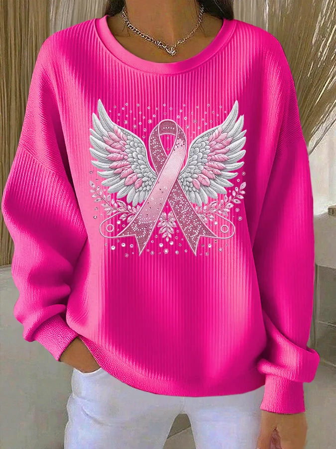 Sweatshirt casual para mulher com estampa de fita rosa e asas