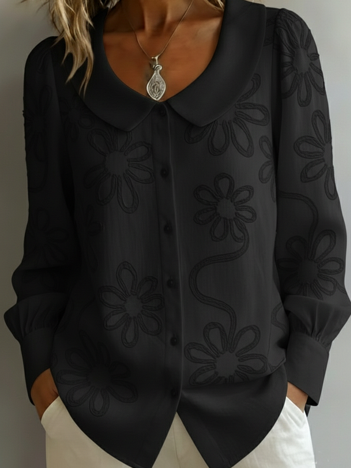 Camisola retro de gola redonda com bordado floral