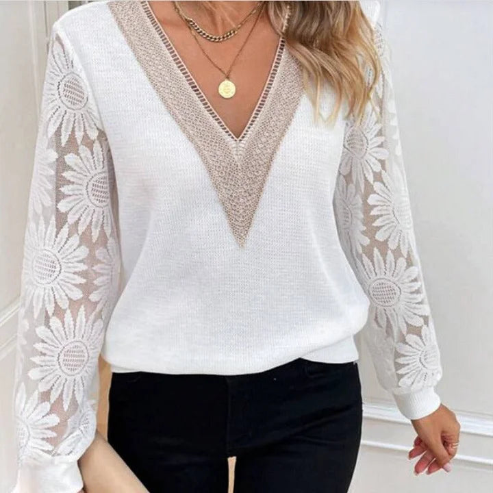 💖 (S-2XL) 🌼 Elegante top de renda floral com decote em V