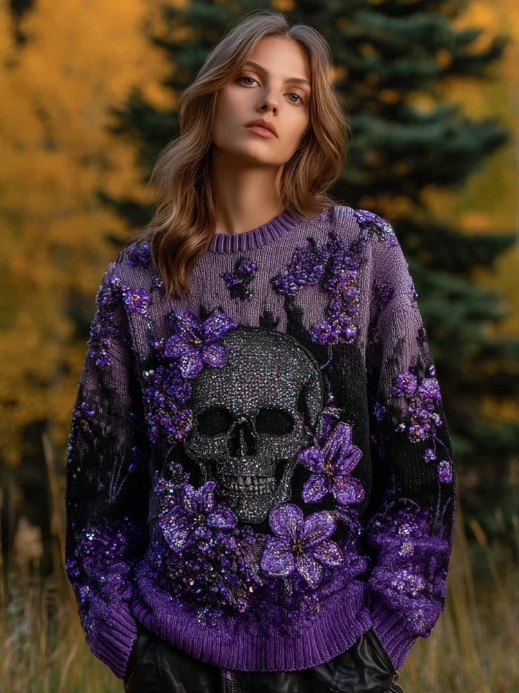 Camisola de malha aconchegante com bordado de caveira e flor com glitter vintage