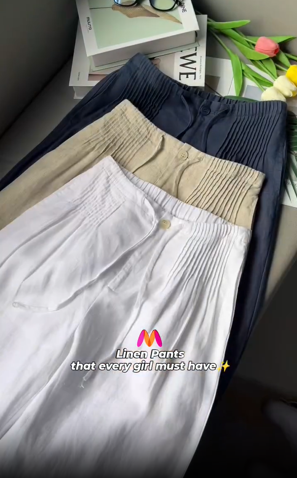Calças largas de linho para mulher da moda para o verão