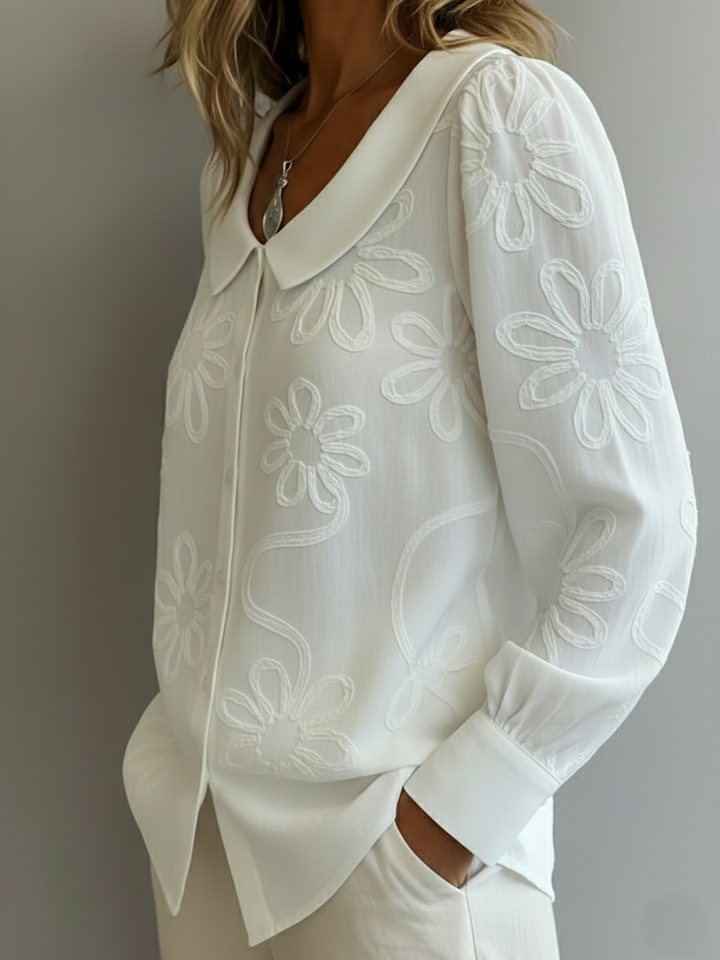 Camisola retro de gola redonda com bordado floral