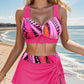 👙🌊 Biquíni de senhora de três peças com estampado, decote em V e detalhe de atilhos