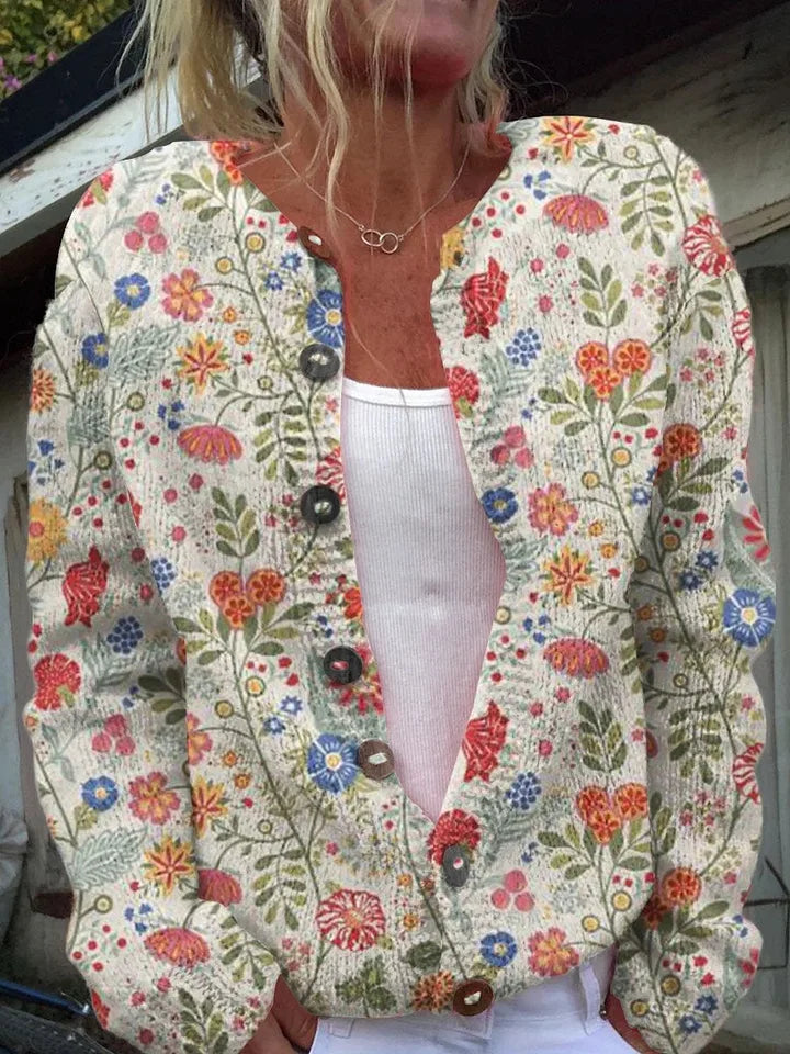 Cardigan com botões e estampado de rosas cor-de-rosa