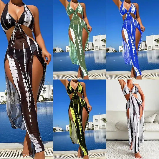 Conjunto de biquíni feminino de duas peças às riscas com estampado tie-dye