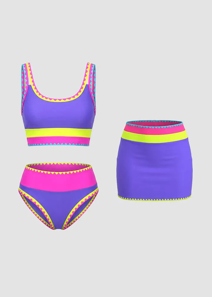 ✨Conjunto de biquíni de 3 peças colorido e desportivo, fabricado em nylon de alto contraste.