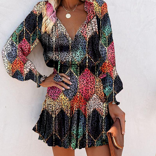 ⏳Por tempo limitado, 50% de desconto⏰Vestido curto para mulher com decote em V, manga comprida e bainha com folhos👗