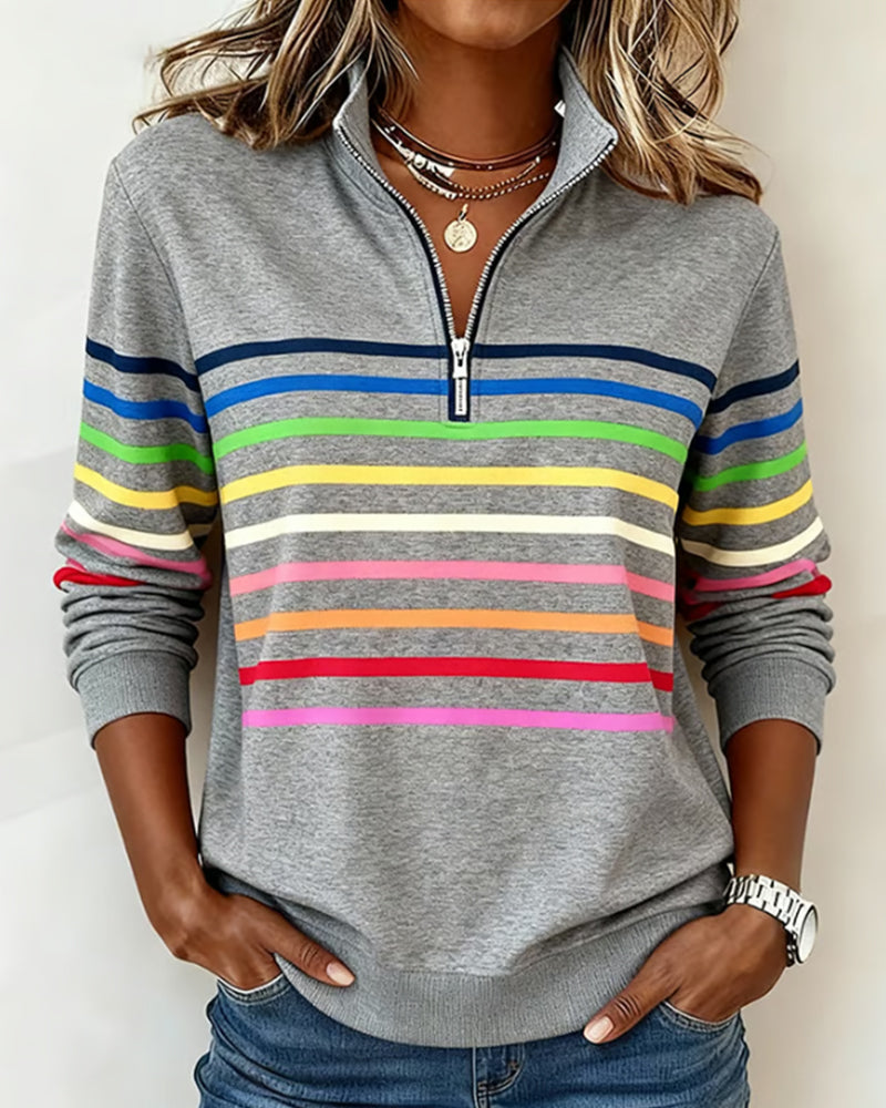 Sweatshirt moderna com gola de meio fecho e riscas arco-íris