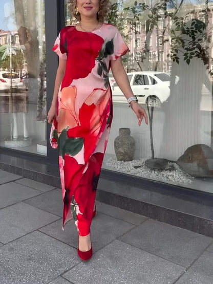 Vestido comprido elegante com estampado floral para mulher