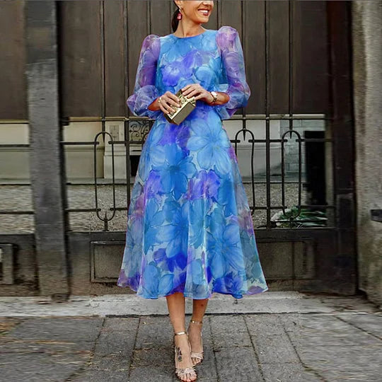 Vestido feminino elegante casual de tule com estampado floral