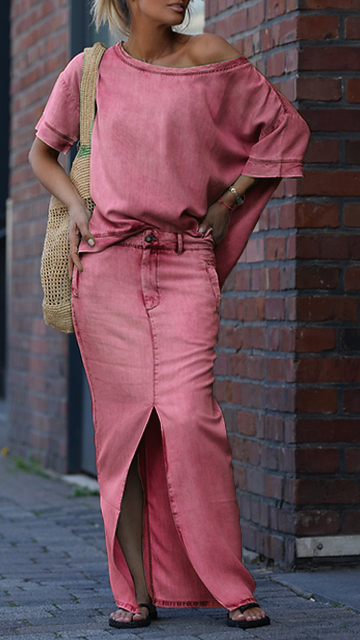 Fato de ganga Tencel casual para mulher com gola redonda