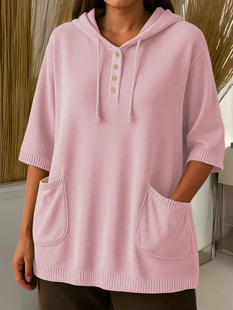 Sweatshirt de mulher com capuz e mangas médias de cor sólida