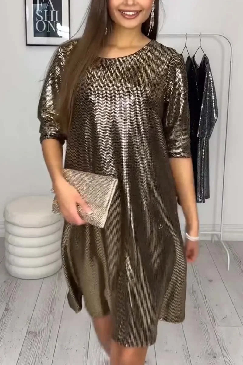 Vestido casual feminino brilhante manga comprida