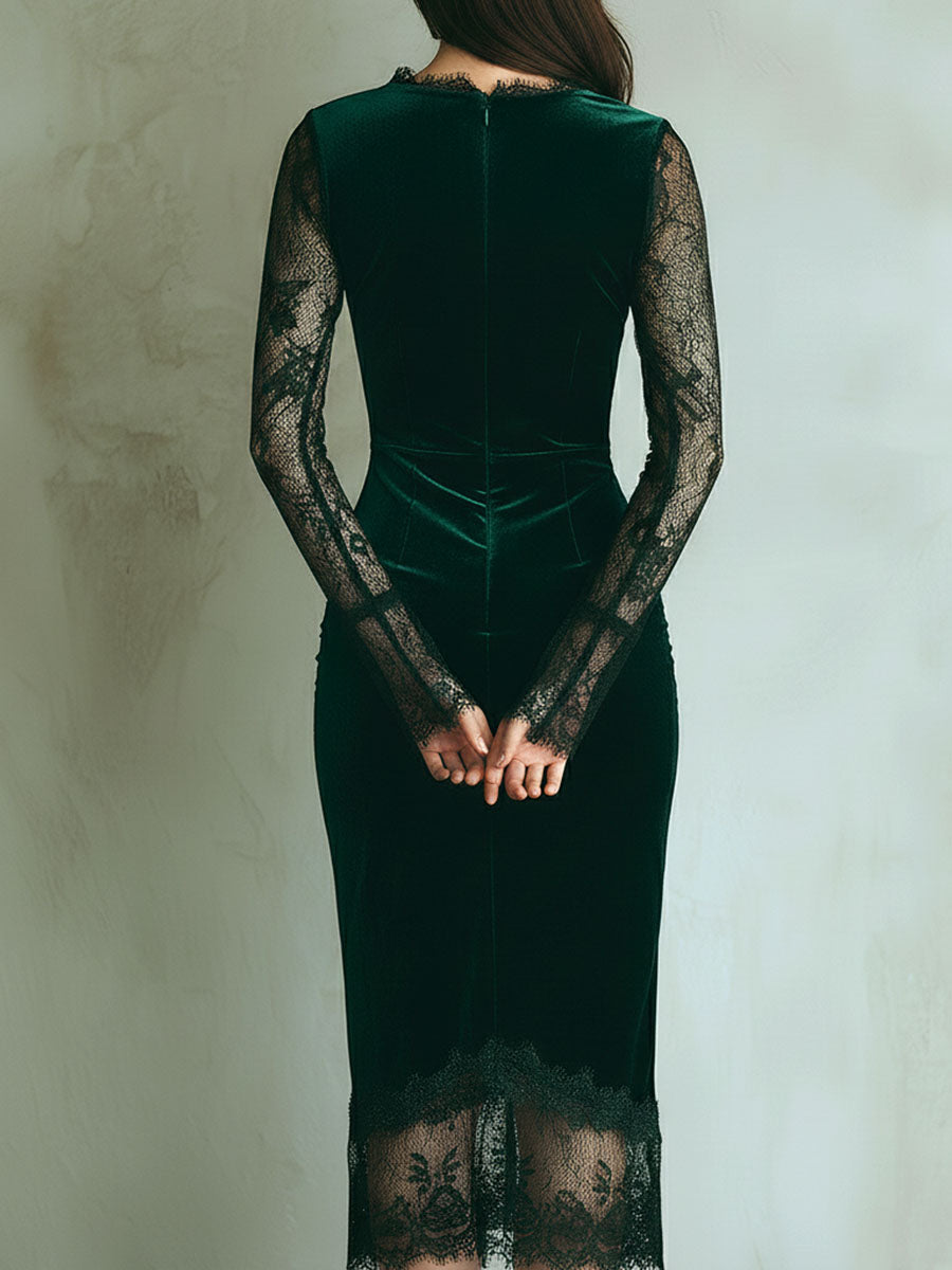 Vestido elegante em veludo verde com mangas compridas em renda