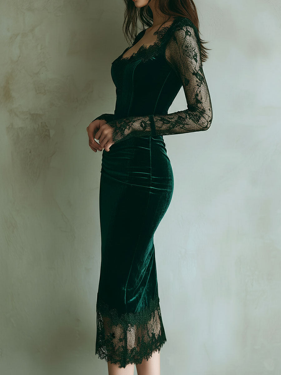 Vestido elegante em veludo verde com mangas compridas em renda