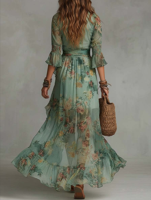 Vestido longo envelope floral retro romântico