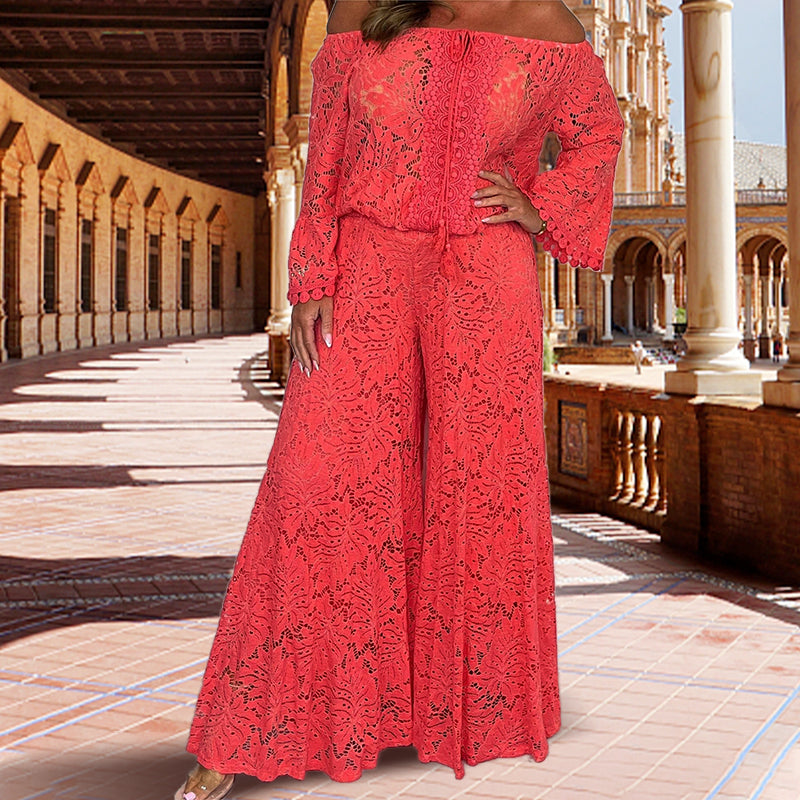 Conjunto de duas peças de blusa de renda + calças de perna larga para senhora