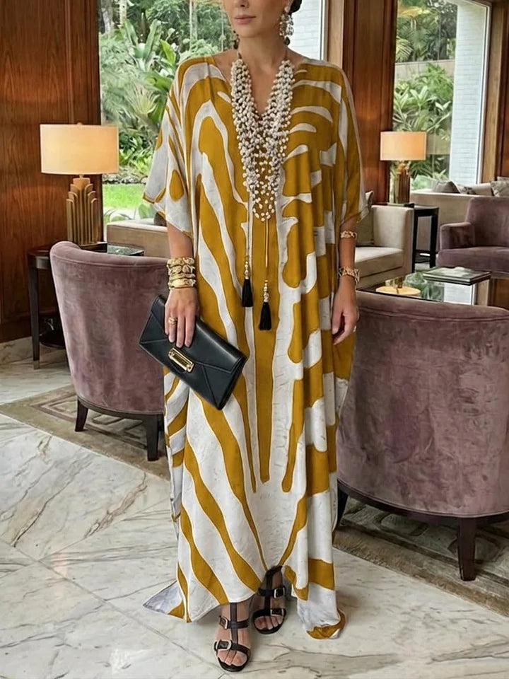 Vestido comprido folgado casual boémio com estampa animal