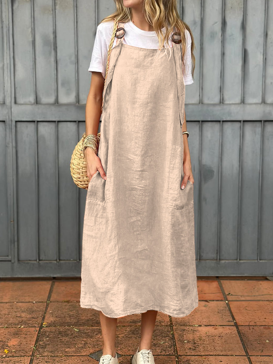 Vestido de mulher em algodão e linho com alça ajustável e bolso