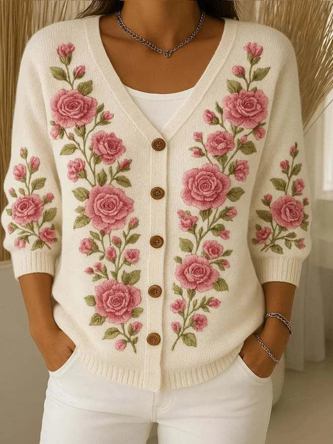 Cardigan de mulher em algodão com decote em V e estampado floral