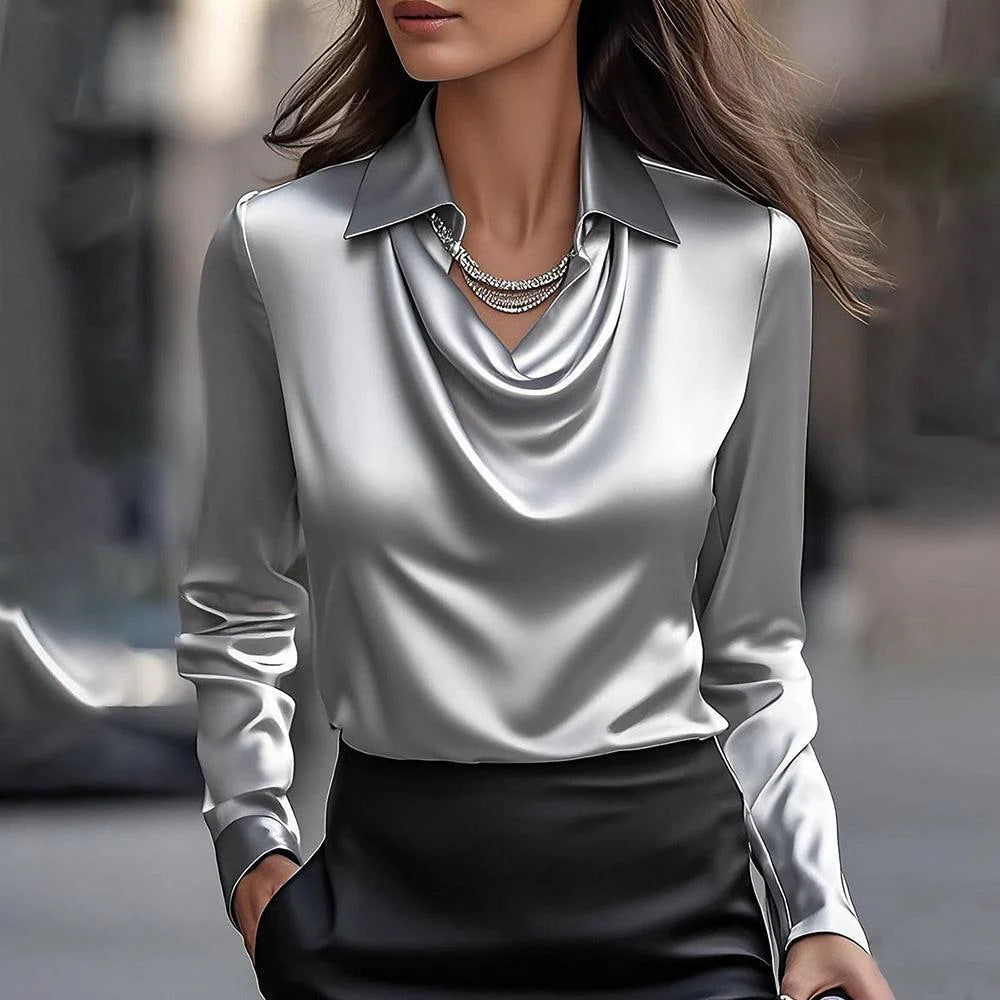 Elegante camisa de cetim com decote drapeado