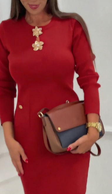 Vestido elegante de mangas compridas com gola redonda