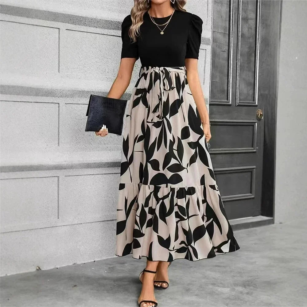 Vestido floral elegante com mangas curtas - decote redondo, roupa de mulher primavera verão