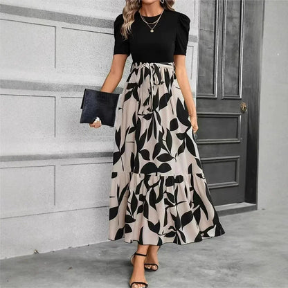 Vestido floral elegante com mangas curtas - decote redondo, roupa de mulher primavera verão