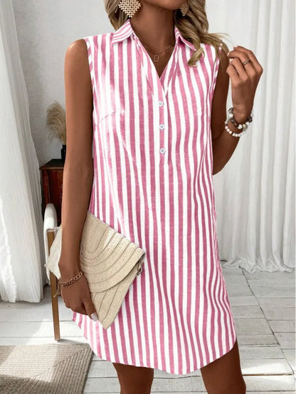 Vestido-camisa às riscas para mulher sem mangas com decote em V